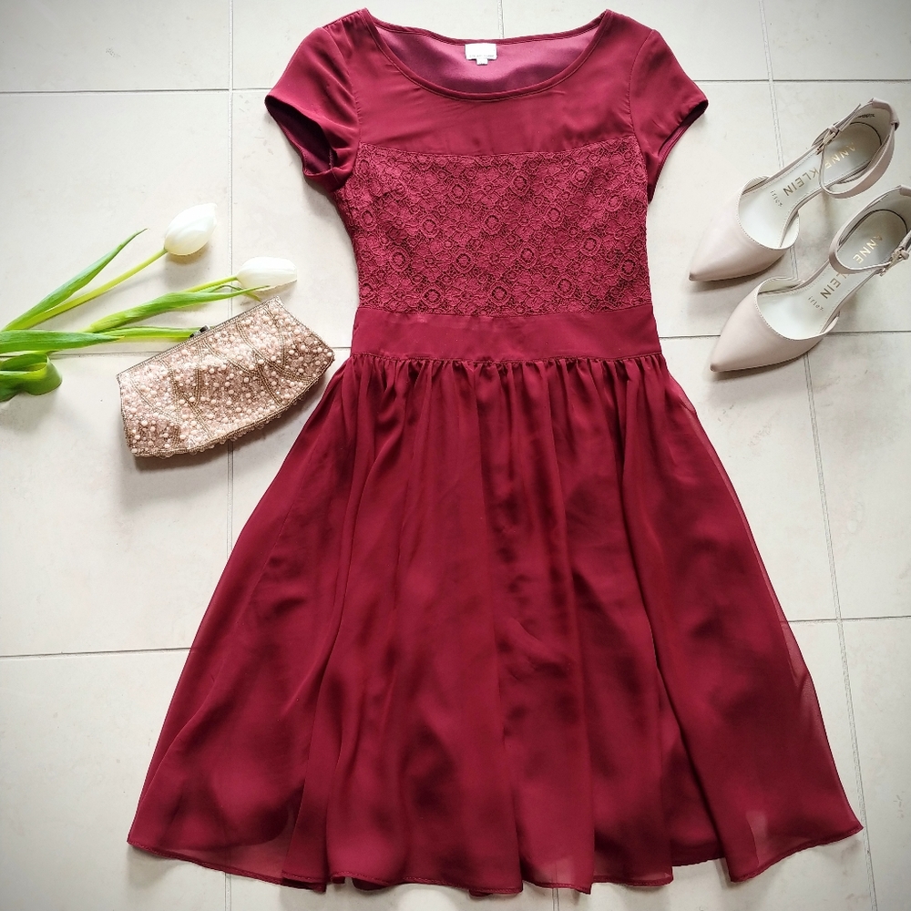 👗 Red Cap Sleeve Lace Chiffon Fit & Flare Dress